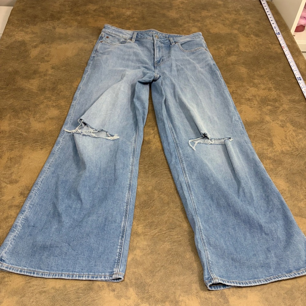 American Eagle Wide Leg Jeans Womens 10S Blue Low Rise Baggy Ripped Distressed